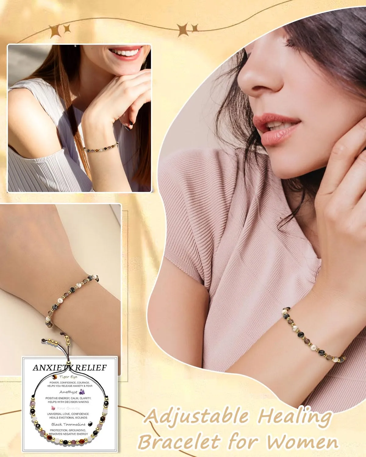 HUVZOR Bracciale Donna Pietre Naturali Chakra - Ametista, Tormalina, Occhio di Tigre, Quarzo Rosa - Stile Boho Elasticizzato - immagine 4