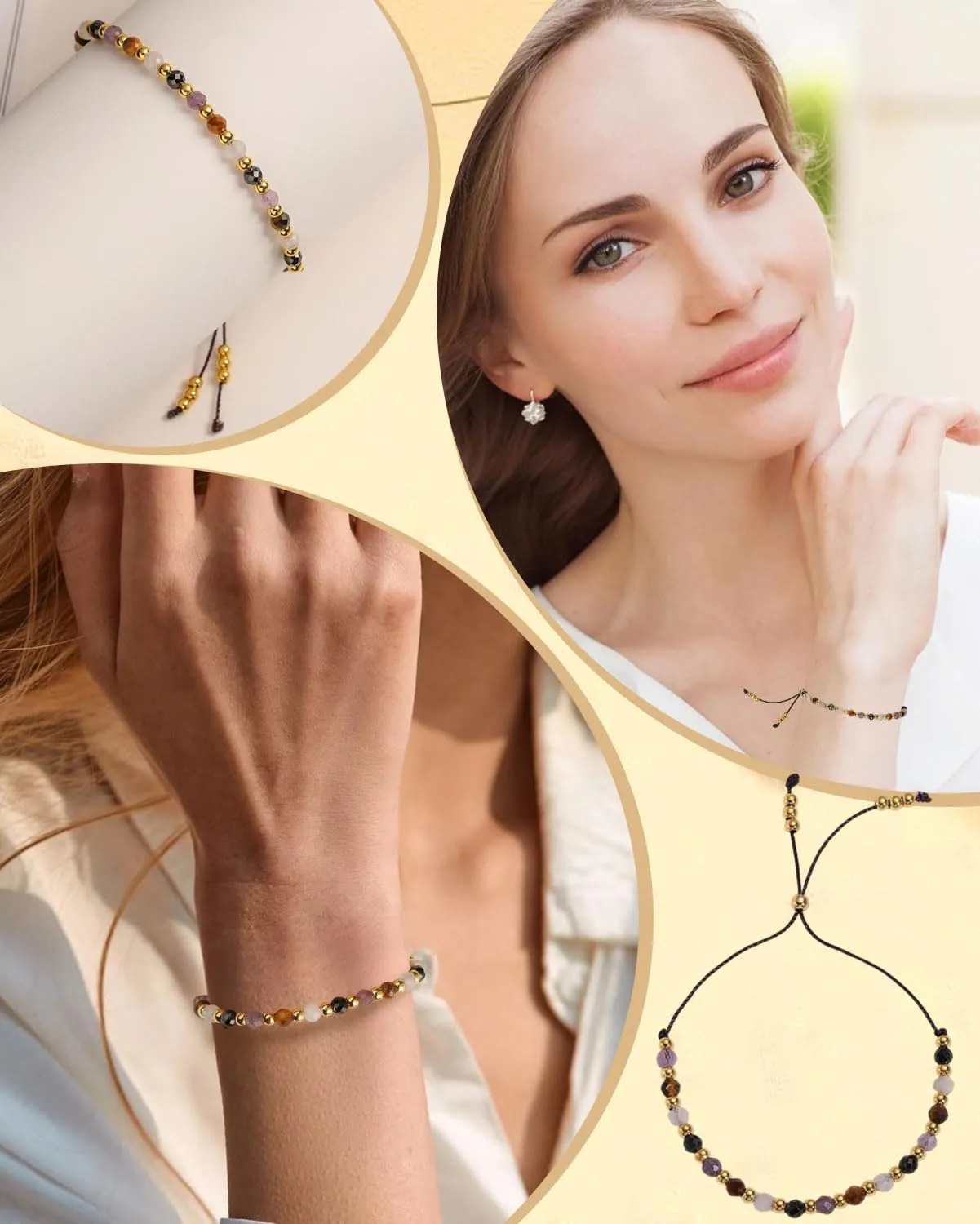 HUVZOR Bracciale Donna Pietre Naturali Chakra - Ametista, Tormalina, Occhio di Tigre, Quarzo Rosa - Stile Boho Elasticizzato - immagine 5