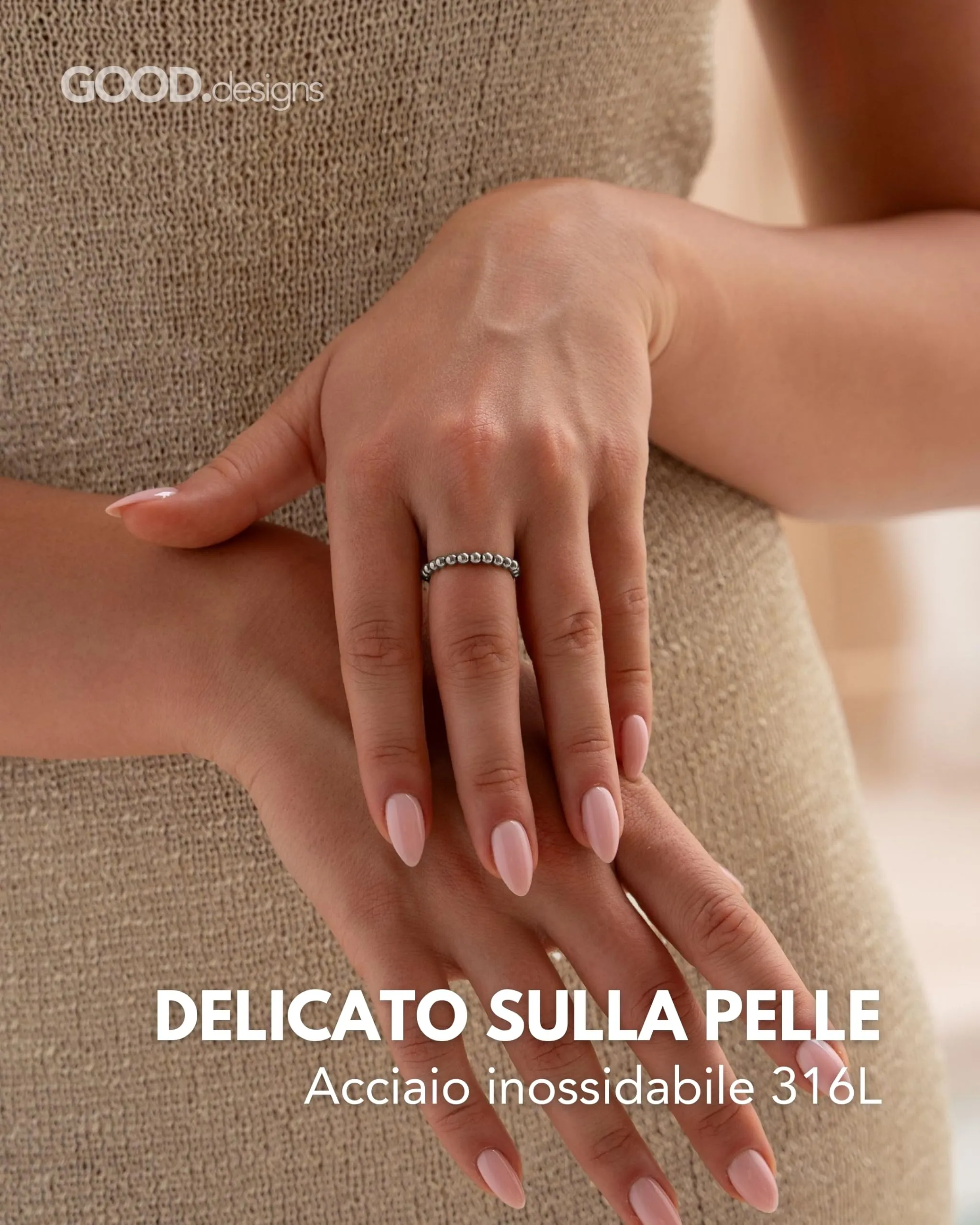 GD GOOD.designs Anello antistress in acciaio inox con perline 3 mm, Argento, Misura 54-60 - immagine 2