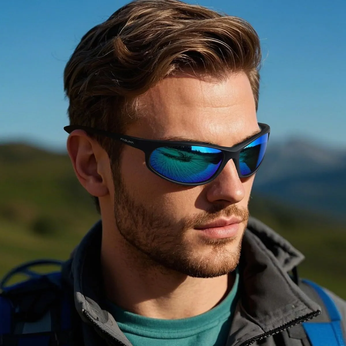 FAGUMA Occhiali da sole polarizzati sport per uomo, protezione UV, Telaio nero opaco/lente blu specchio - immagine 2