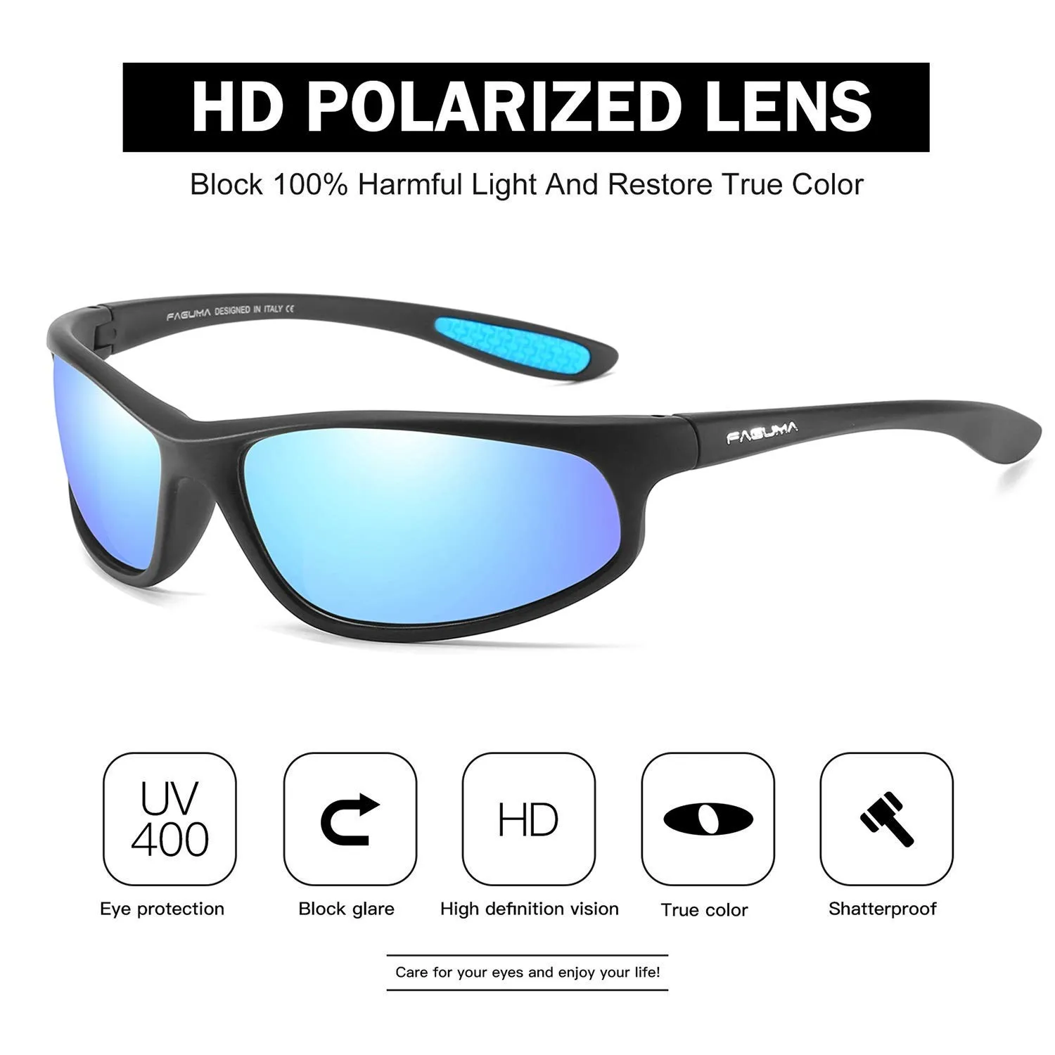 FAGUMA Occhiali da sole polarizzati sport per uomo, protezione UV, Telaio nero opaco/lente blu specchio - immagine 3
