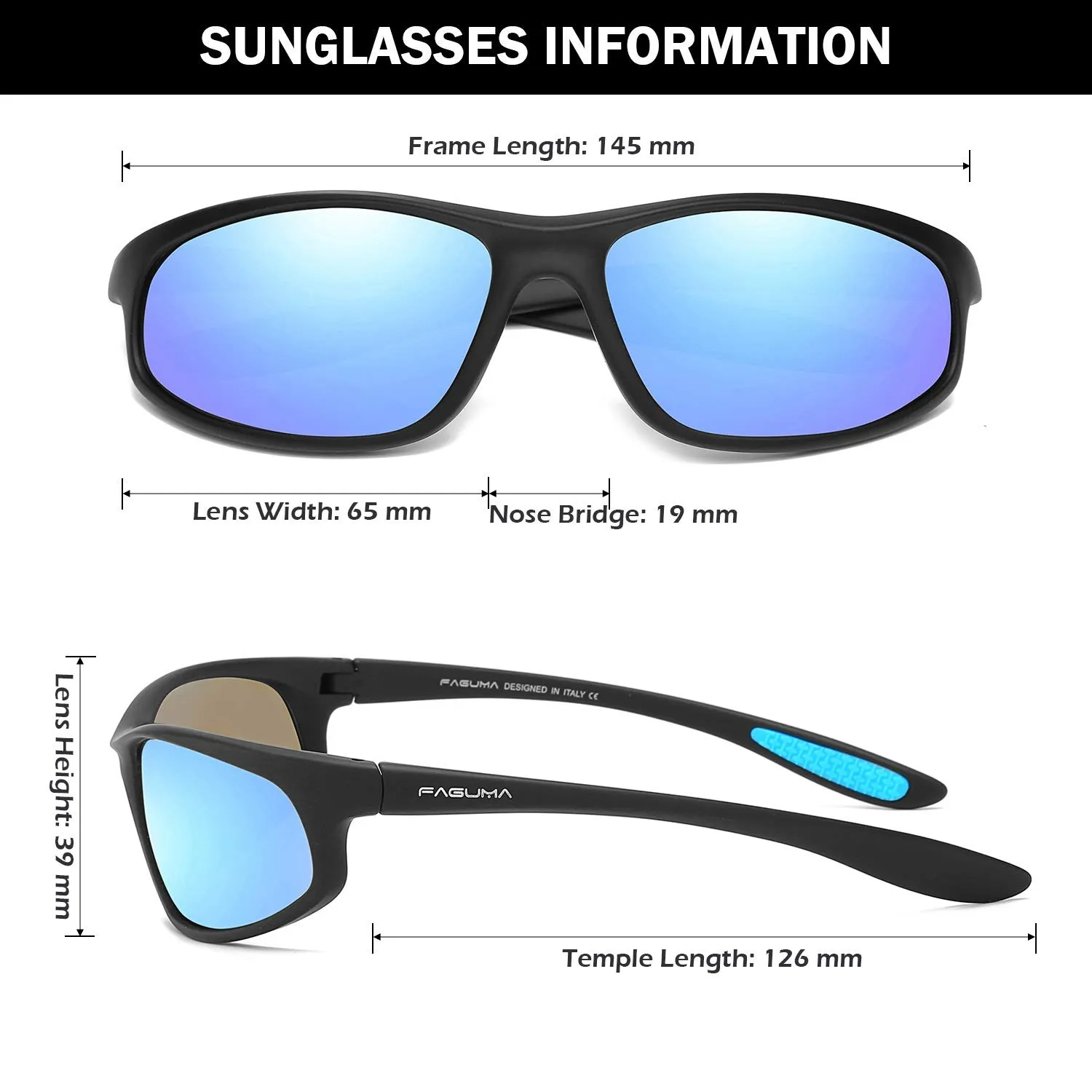FAGUMA Occhiali da sole polarizzati sport per uomo, protezione UV, Telaio nero opaco/lente blu specchio - immagine 4