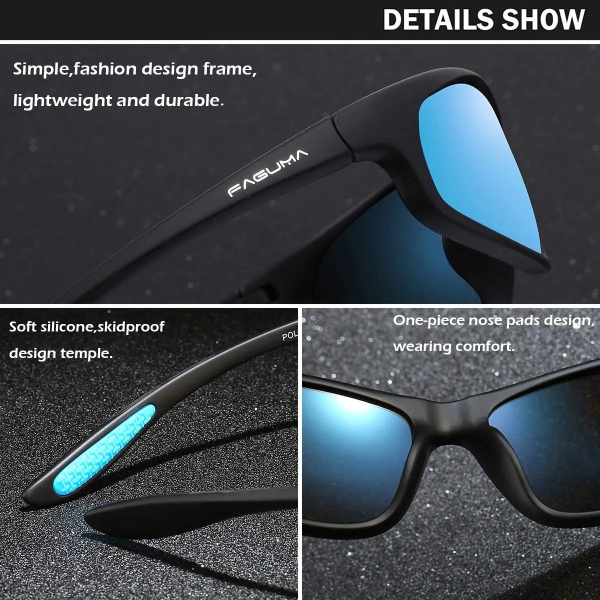 FAGUMA Occhiali da sole polarizzati sport per uomo, protezione UV, Telaio nero opaco/lente blu specchio - immagine 5