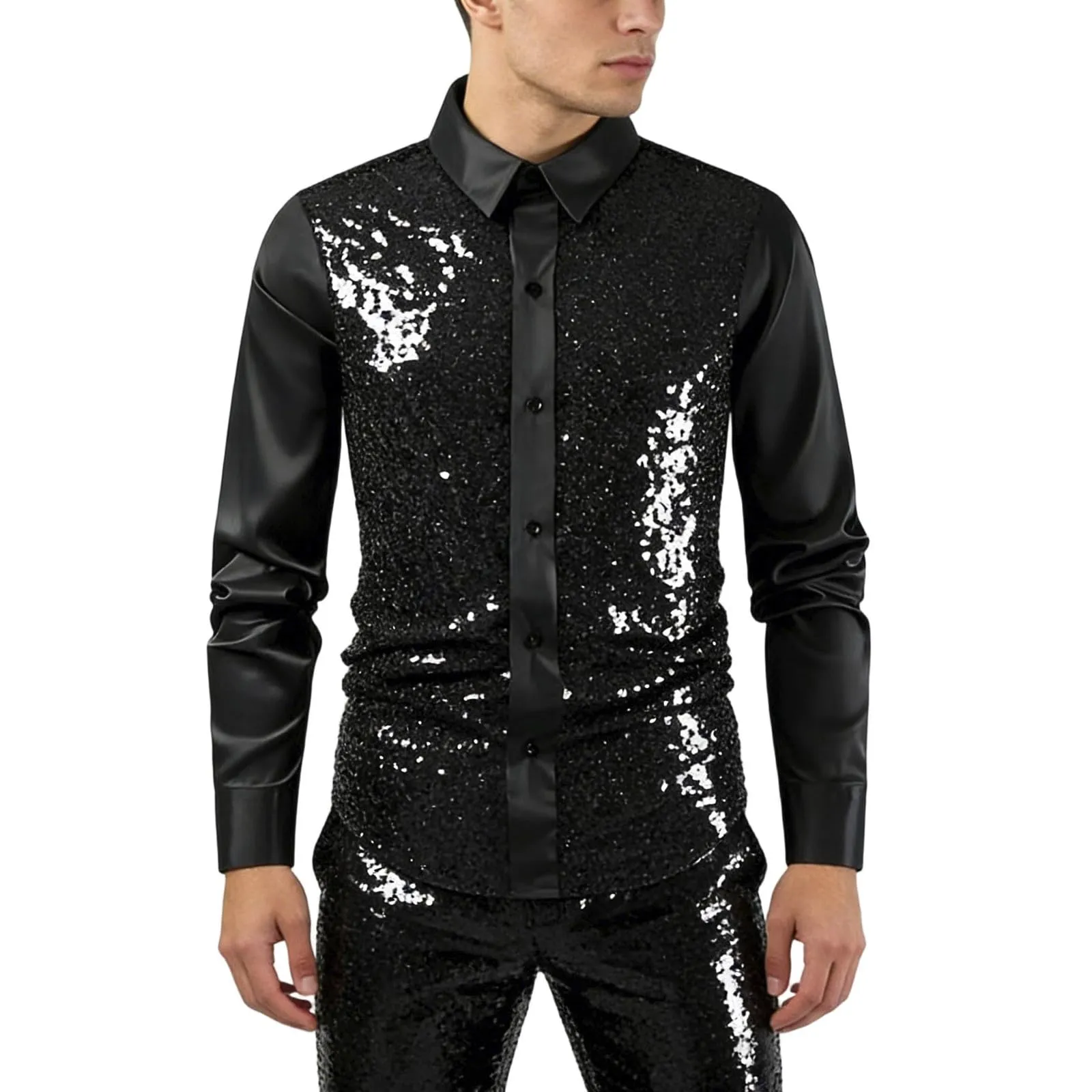 Munweiyu Costume da carnevale da uomo, camicia anni '70 con paillette metallizzate, S1 nero, M - immagine 3