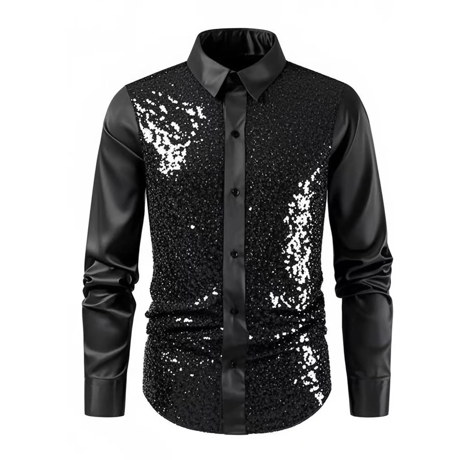 Munweiyu Costume da carnevale da uomo, camicia anni '70 con paillette metallizzate, S1 nero, M - immagine 5