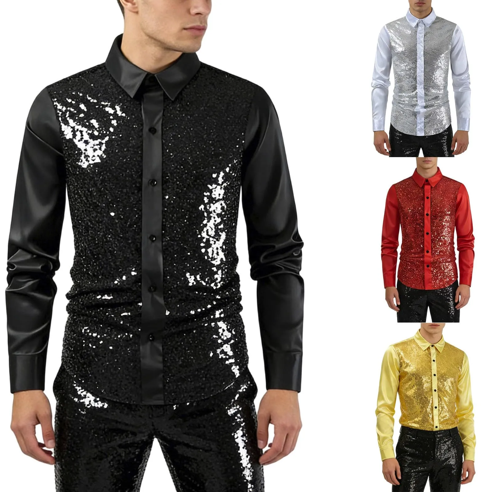 Munweiyu Camicia anni '70 con paillettes metallizzate da uomo, S1 Rosso, XL - immagine 2
