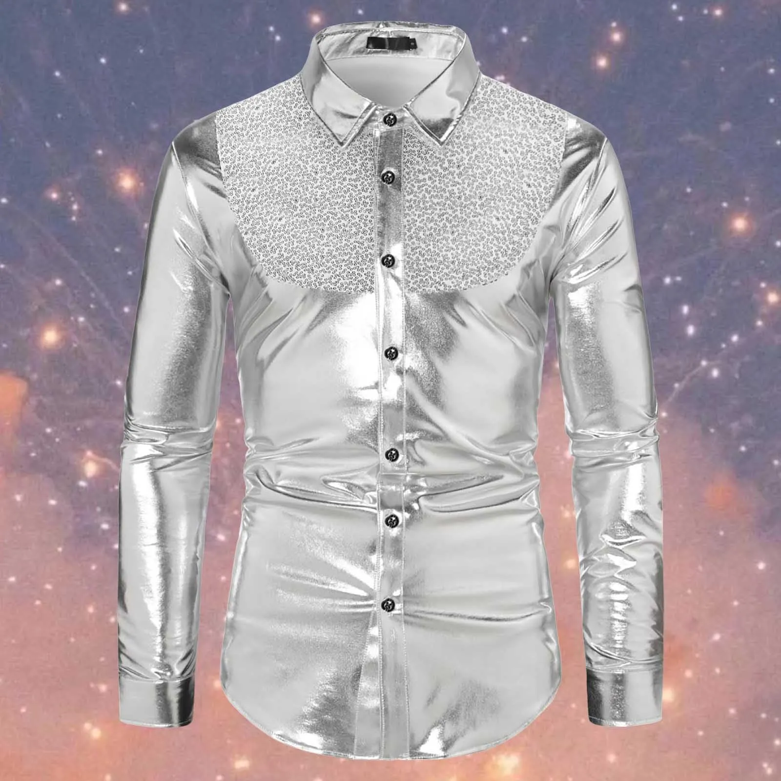 Munweiyu Costume da Carnevale da Uomo con Paillettes, Camicia Anni '70 Argento, XXL - immagine 2