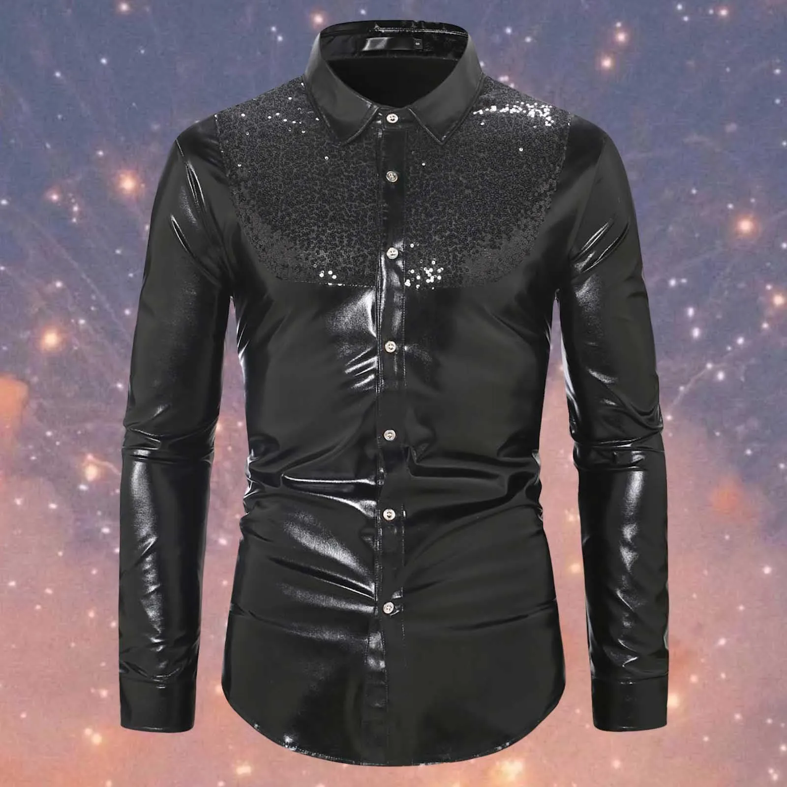 Munweiyu Costume da Carnevale Uomo Camicia Anni '70 con Paillettes, Nero, XXL - immagine 2