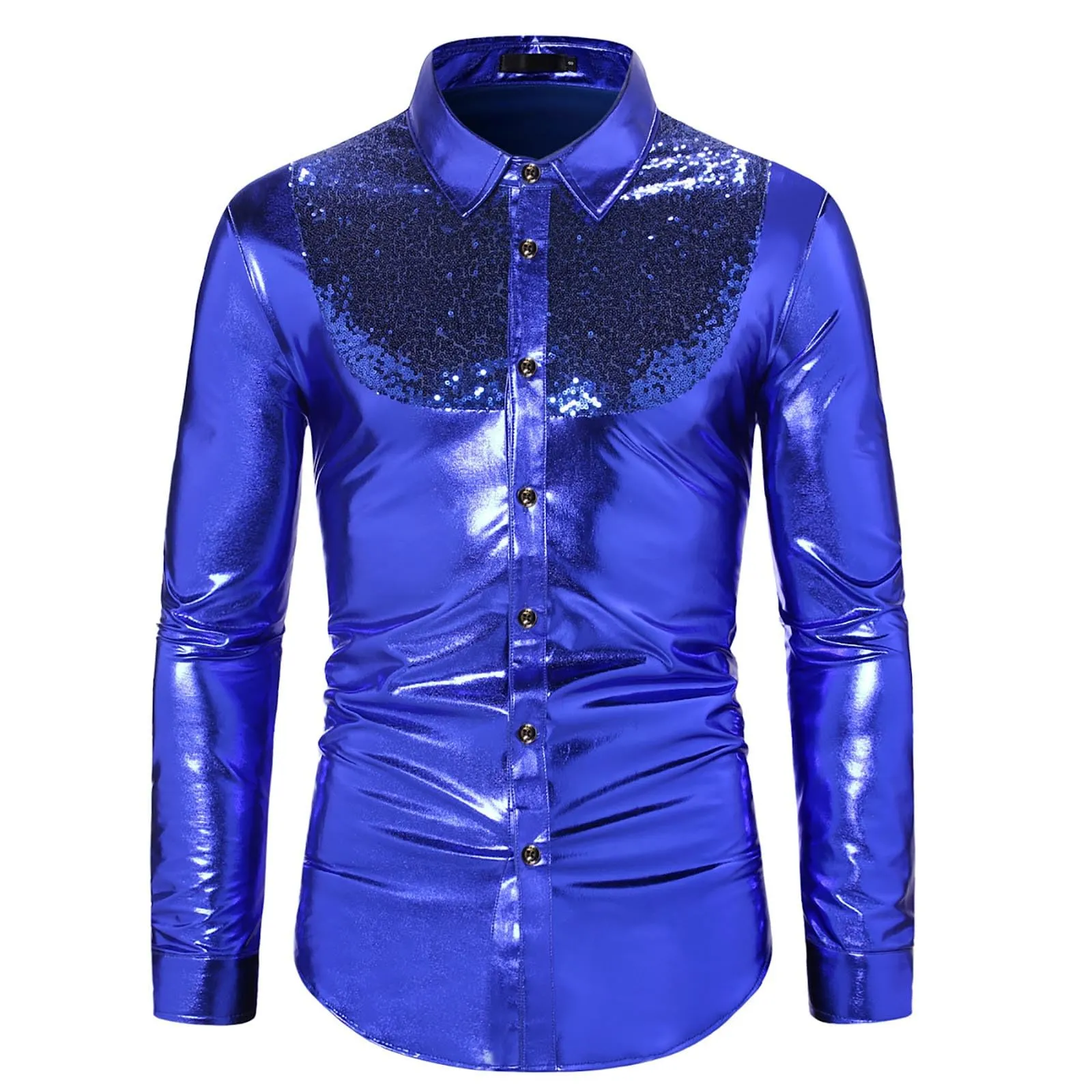 Munweiyu Costume Carnevale Uomo Camicia Paillettes Anni '70, Blu, M - immagine 1