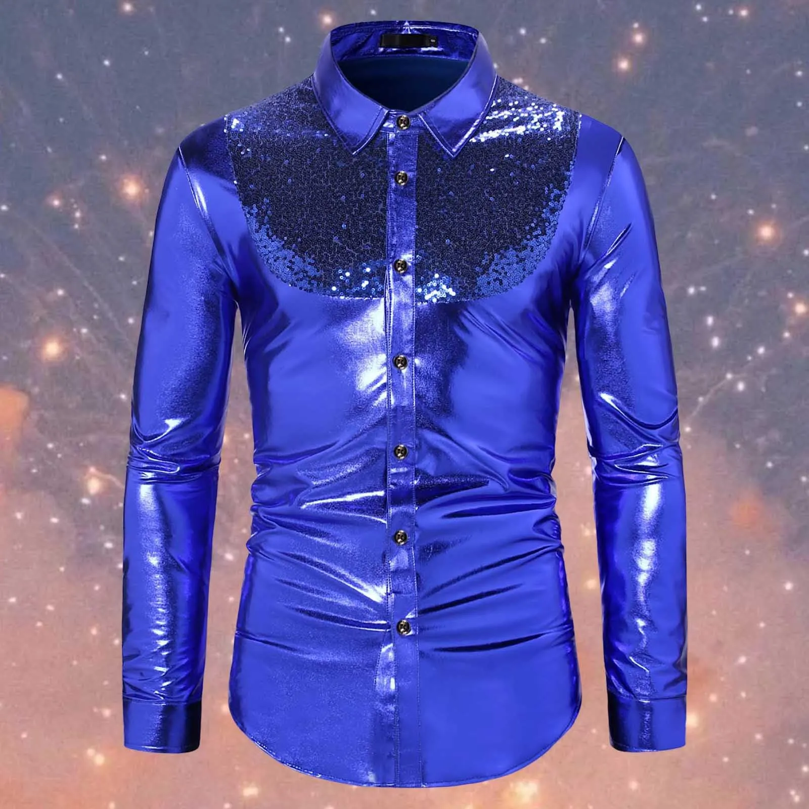Munweiyu Costume Carnevale Uomo Camicia Paillettes Anni '70, Blu, M - immagine 2