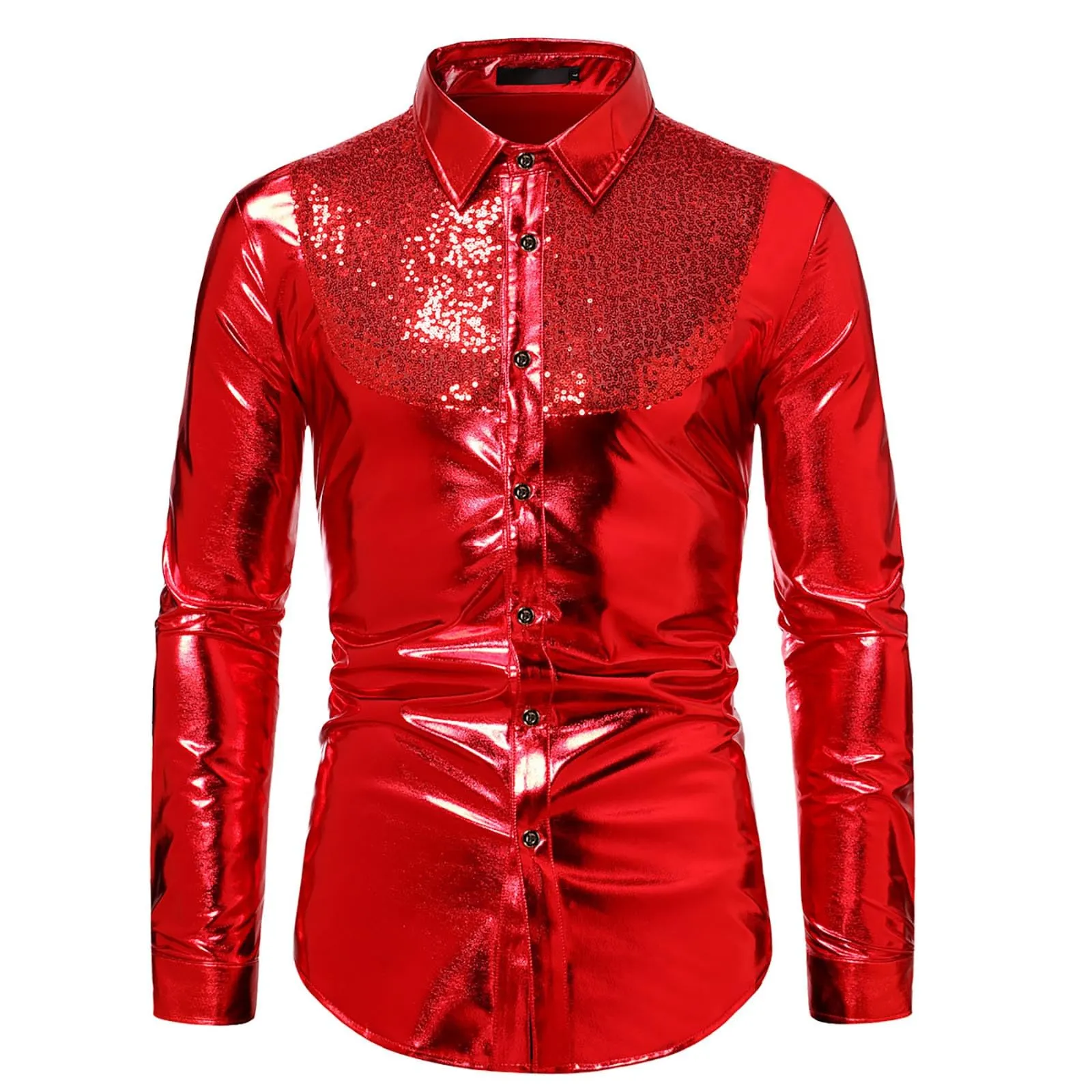 Munweiyu Camicia Anni '70 con Paillettes per Uomo, Rosso, L - immagine 1