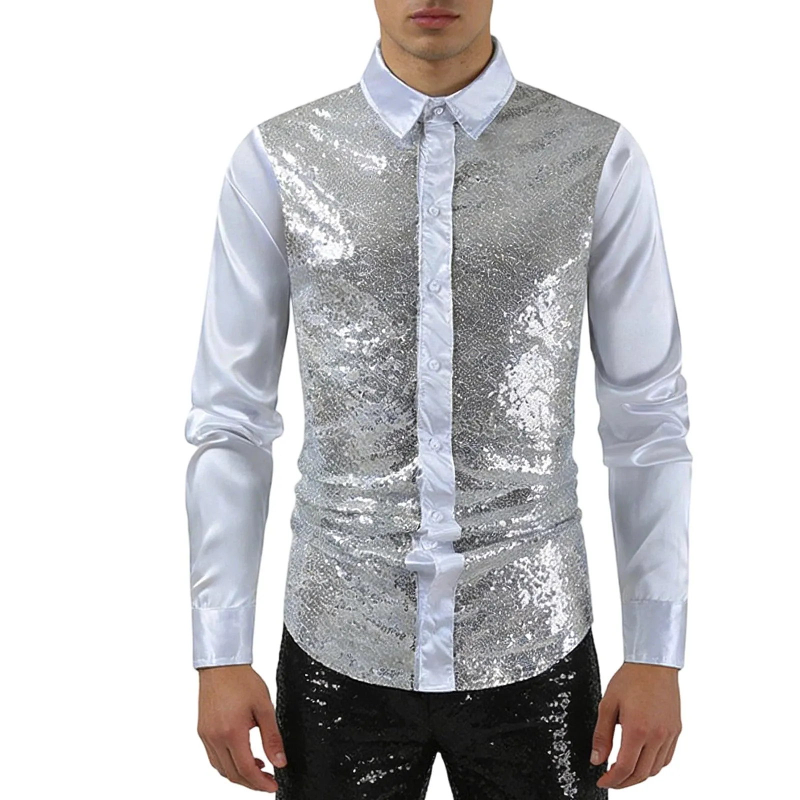 Munweiyu Camicia anni '70 con paillettes metallizzate da uomo, S1 Bianco, XXL - immagine 3