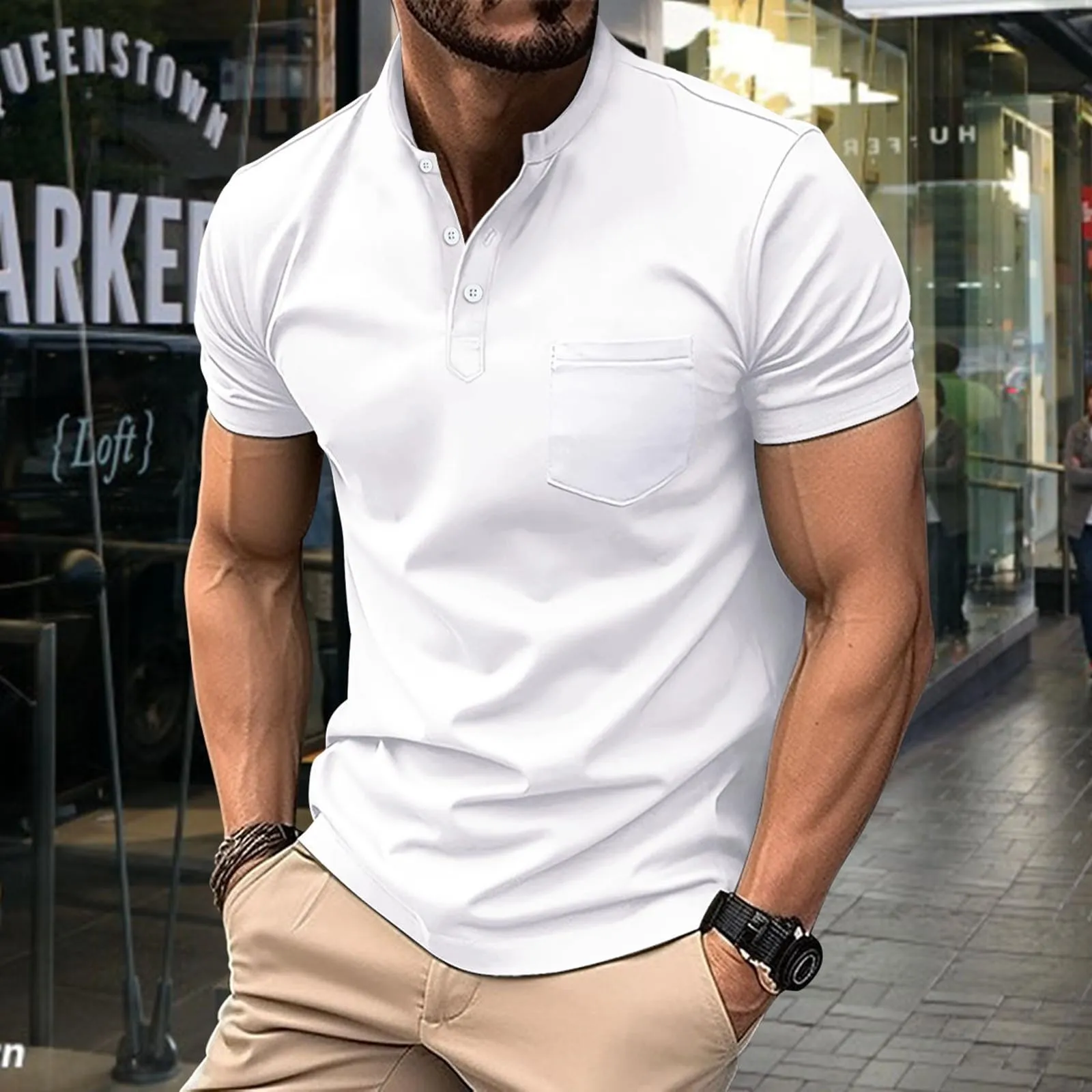 Generico Camicia Uomo Verde Militare, T-Shirt Bianca e Maglietta Senza Maniche, Camicia Verde Acqua e Camicia Fantasia Manica Lunga Slim Fit - immagine 2