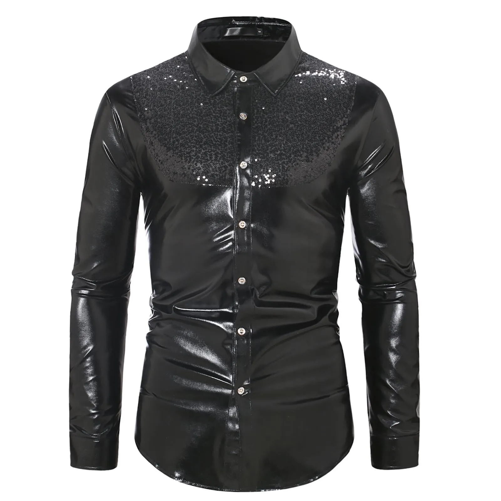Munweiyu Camicia anni '70 con paillettes da uomo, Nero, L - immagine 1