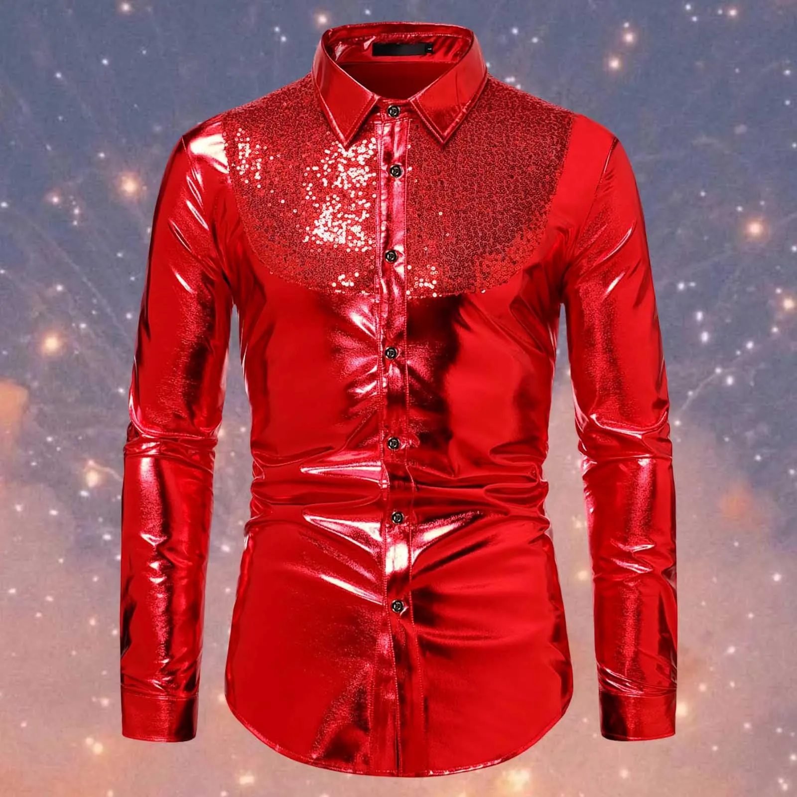 Munweiyu Costume da Carnevale da uomo con paillettes, camicia anni '70, rosso, M - immagine 2