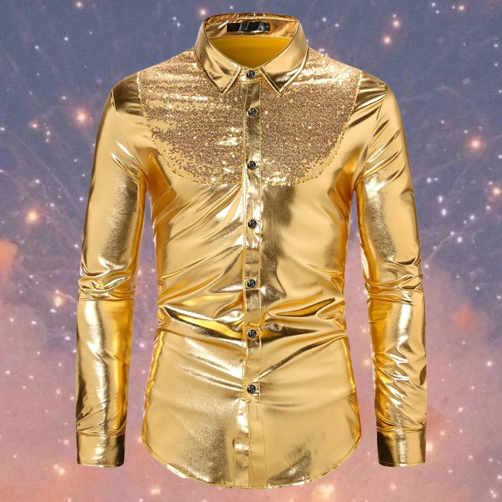 Munweiyu Costume da Carnevale da Uomo con Paillettes, Camicia Anni '70 Disco, Gold, M - immagine 2
