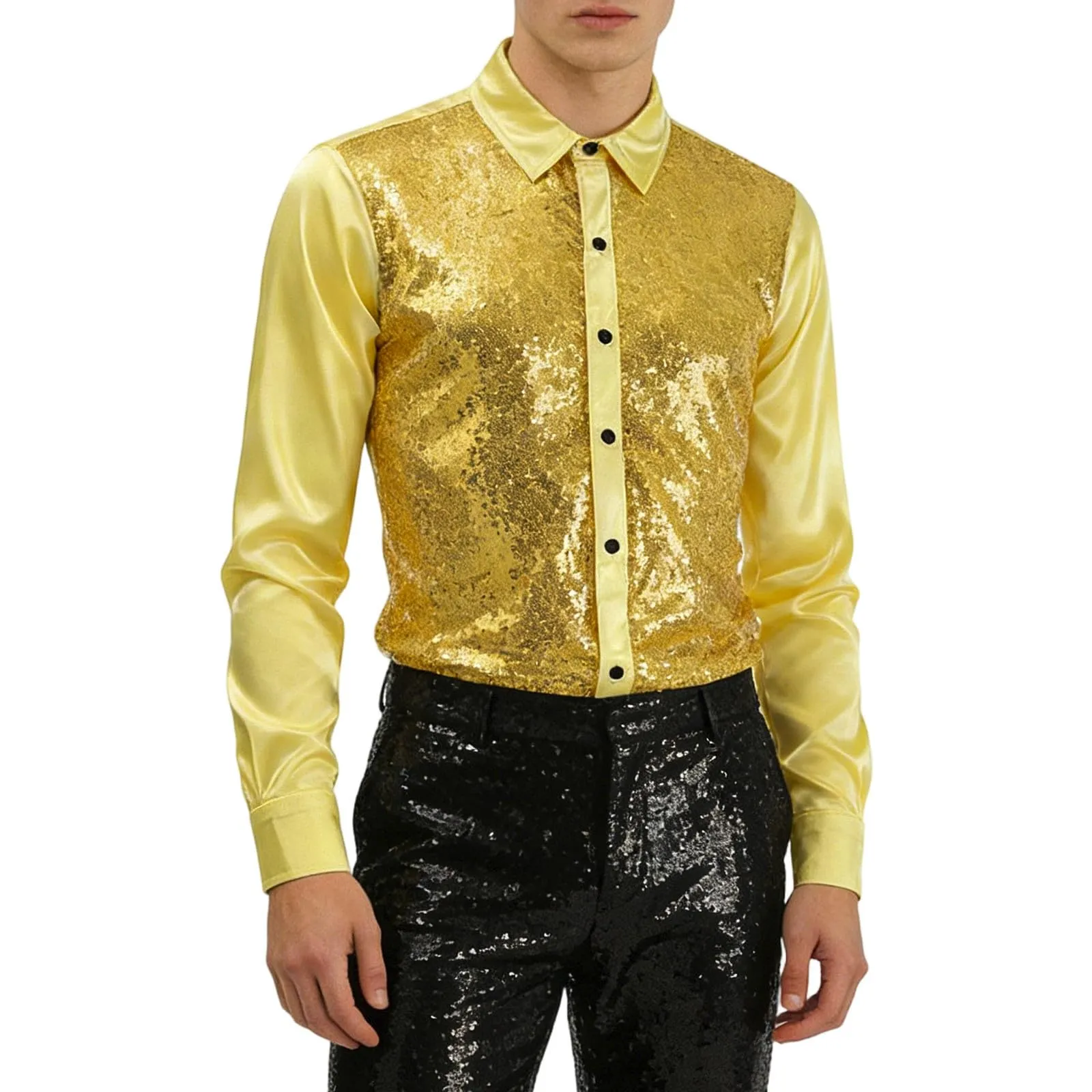 Munweiyu Camicia Anni '70 con Paillettes per Uomo, Gold, L - immagine 3