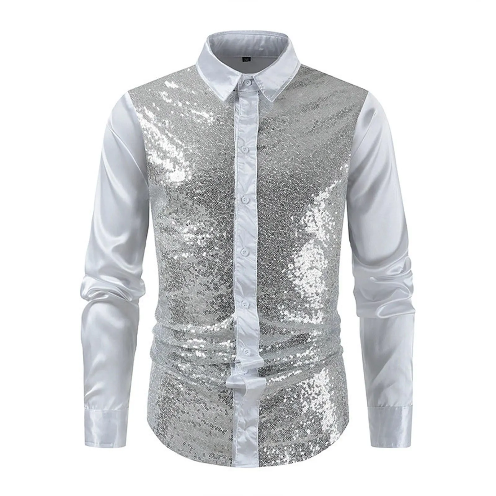 Munweiyu Costume da Carnevale da Uomo Camicia Anni '70 con Paillettes S1 Bianco, L - immagine 1