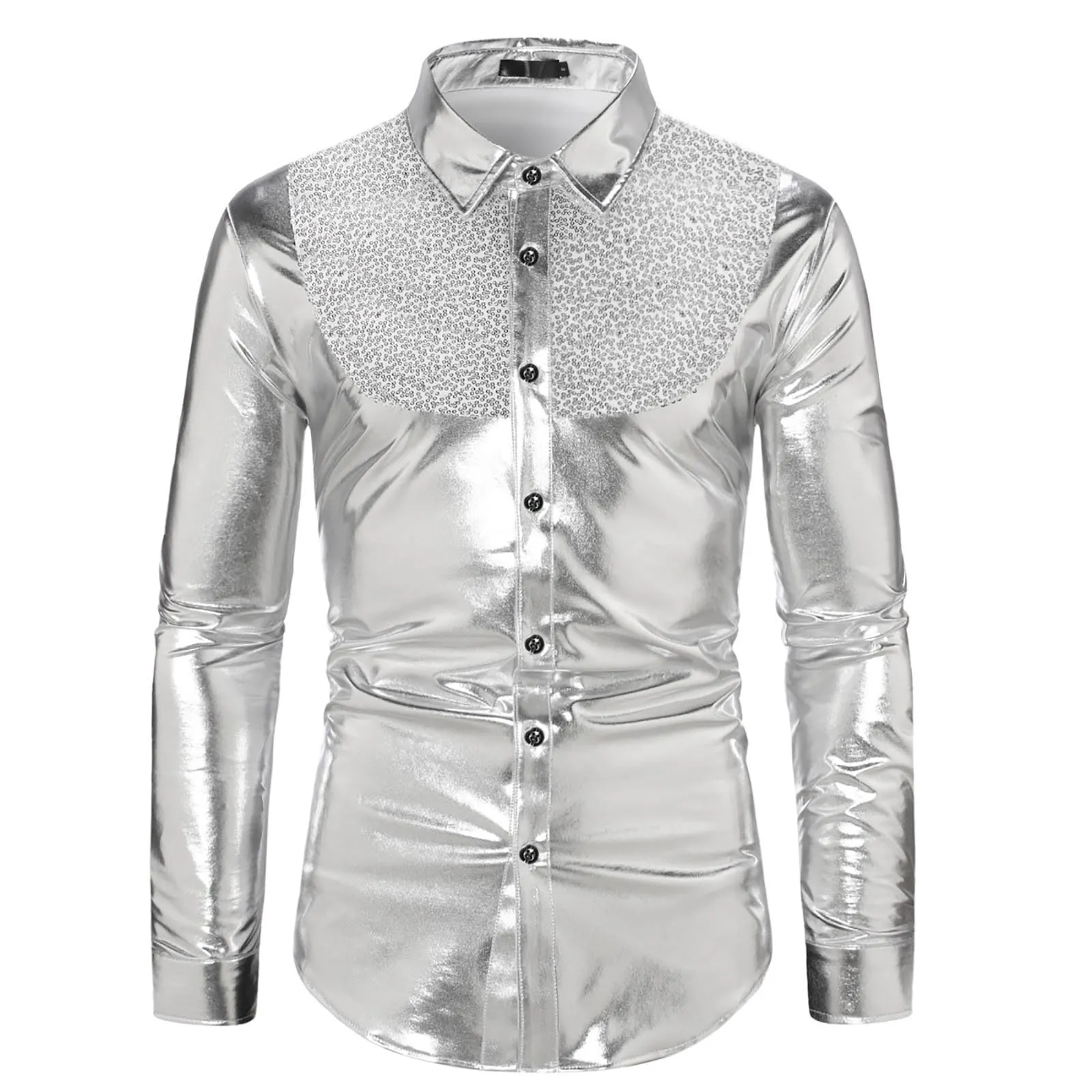 Munweiyu Camicia anni '70 con paillettes argento, Costume da Carnevale da uomo, XL - immagine 1