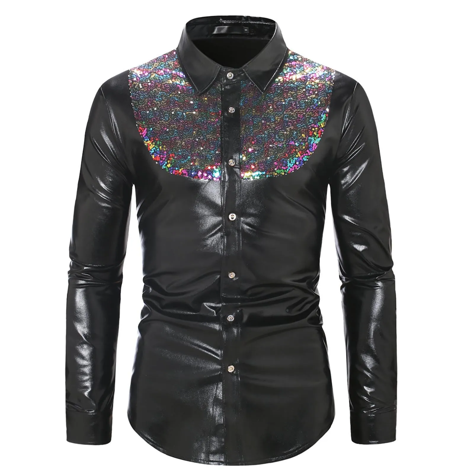 Munweiyu Costume da Carnevale da uomo, camicia anni '70 con paillettes metallizzate, multicolore, M - immagine 1