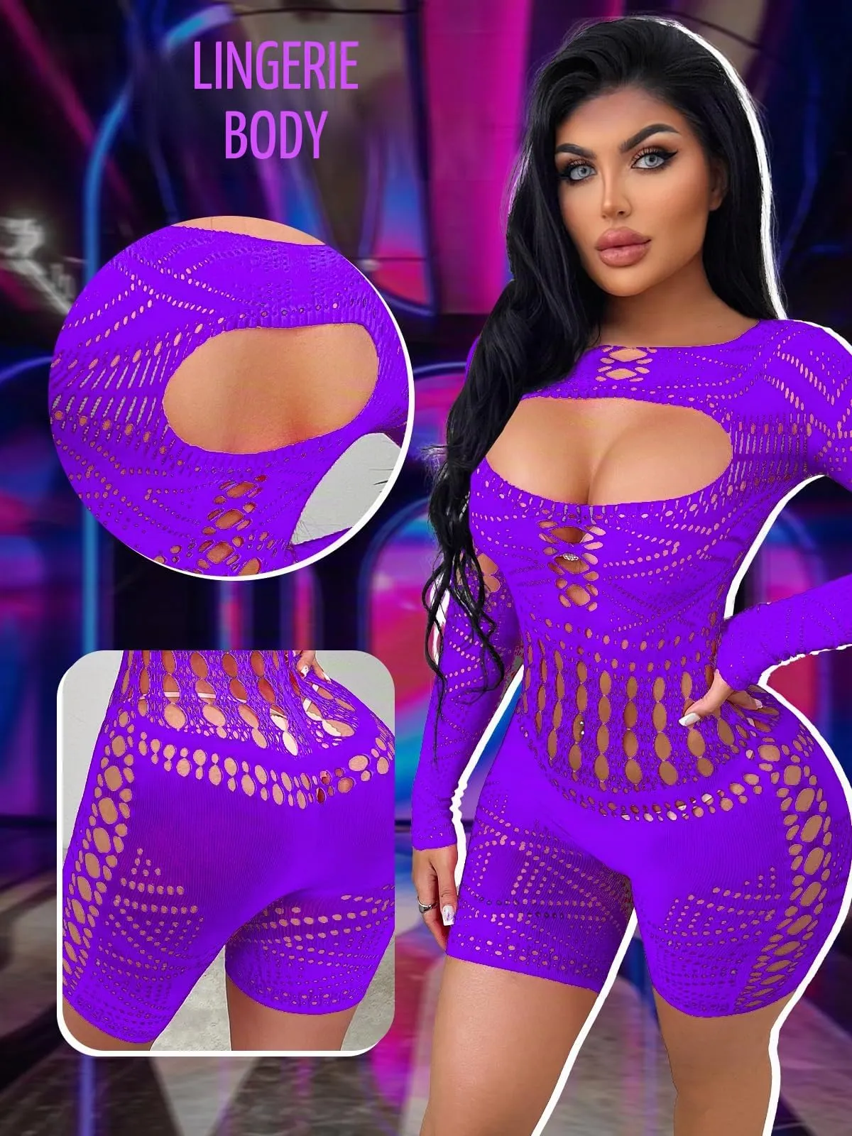 Buitifo Donna Lingerie Bodysuit Fishnet Bodystocking Sexy Jumpsuit Romper, Viola ZJ, M - immagine 2