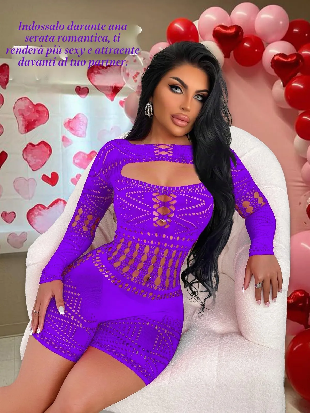 Buitifo Donna Lingerie Bodysuit Fishnet Bodystocking Sexy Jumpsuit Romper, Viola ZJ, M - immagine 3