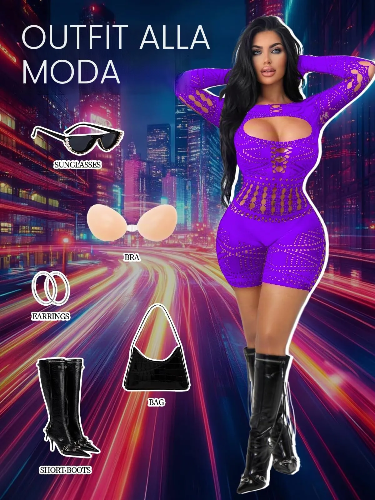 Buitifo Donna Lingerie Bodysuit Fishnet Bodystocking Sexy Jumpsuit Romper, Viola ZJ, M - immagine 4