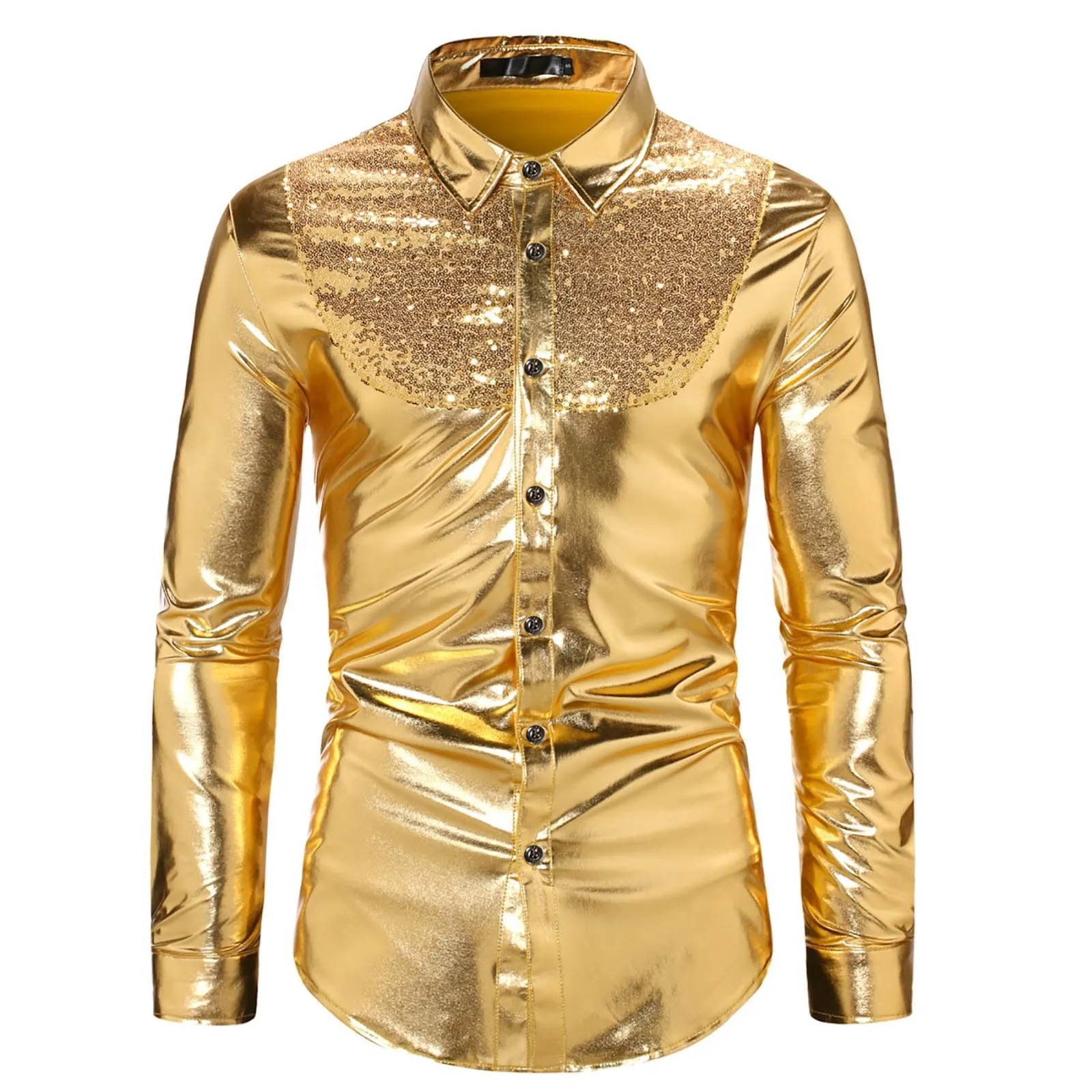 Munweiyu Costume da Carnevale da uomo, Camicia anni '70 con paillettes metallizzate, Gold, XL - immagine 1