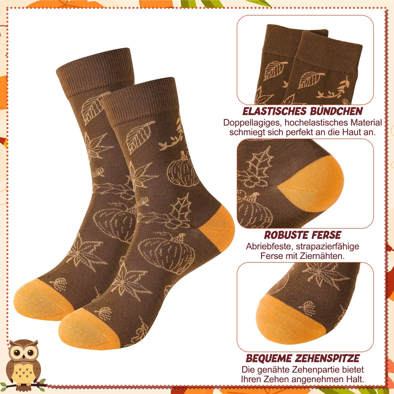 kodinsiivous 5 Paia di Calzini Colorati a Tema Ringraziamento per Donna, 37-42, Marrone - immagine 3