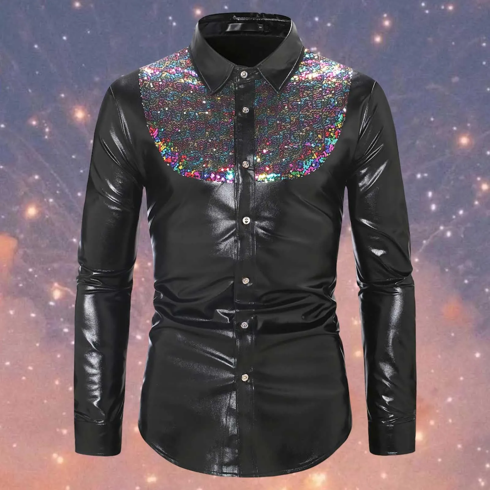 Munweiyu Costume da carnevale uomo camicia anni '70 con paillettes multicolore, XL - immagine 2