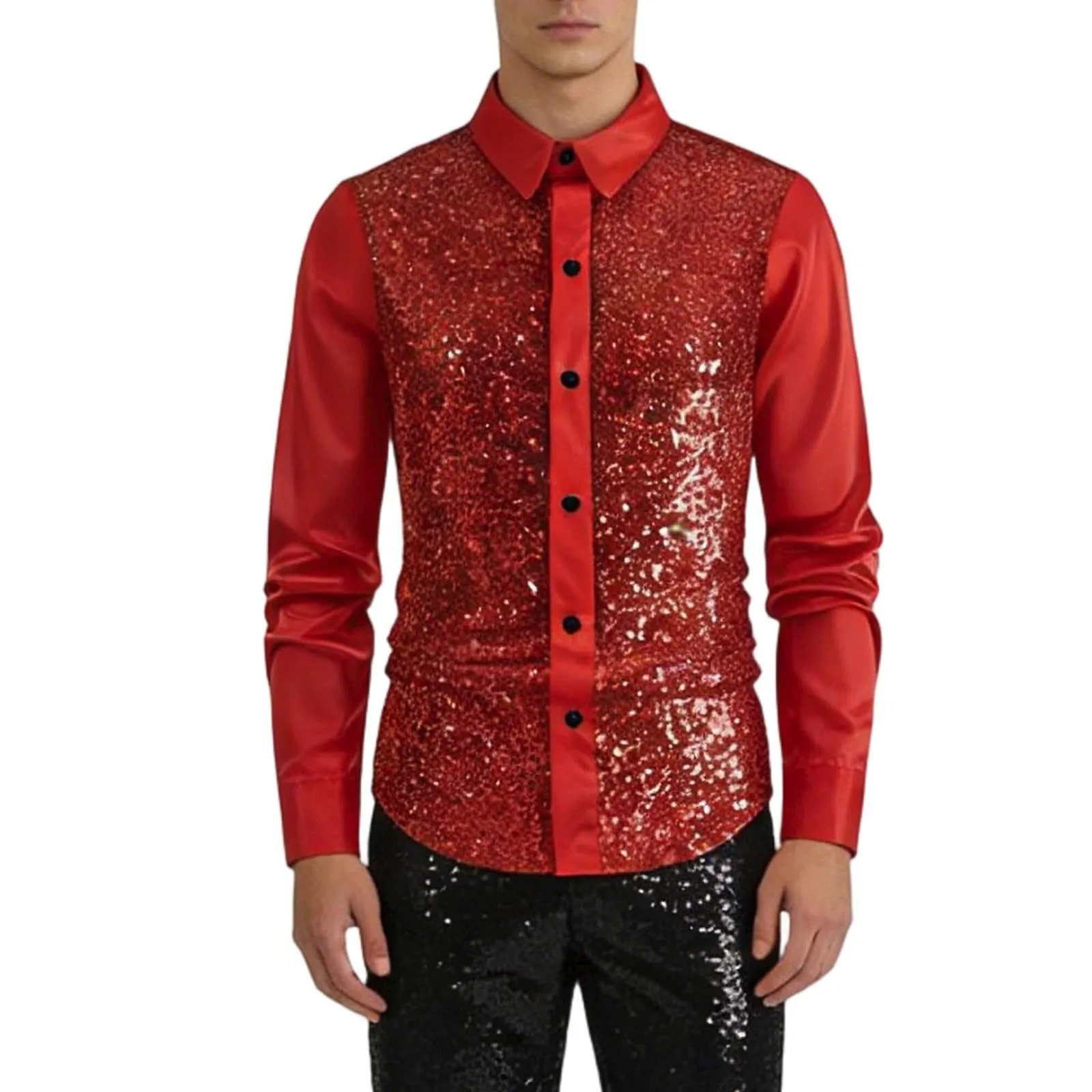 Munweiyu Costume da Carnevale da Uomo Camicia anni '70 con Paillettes Metallizzate, Rosso S1, XXL - immagine 3