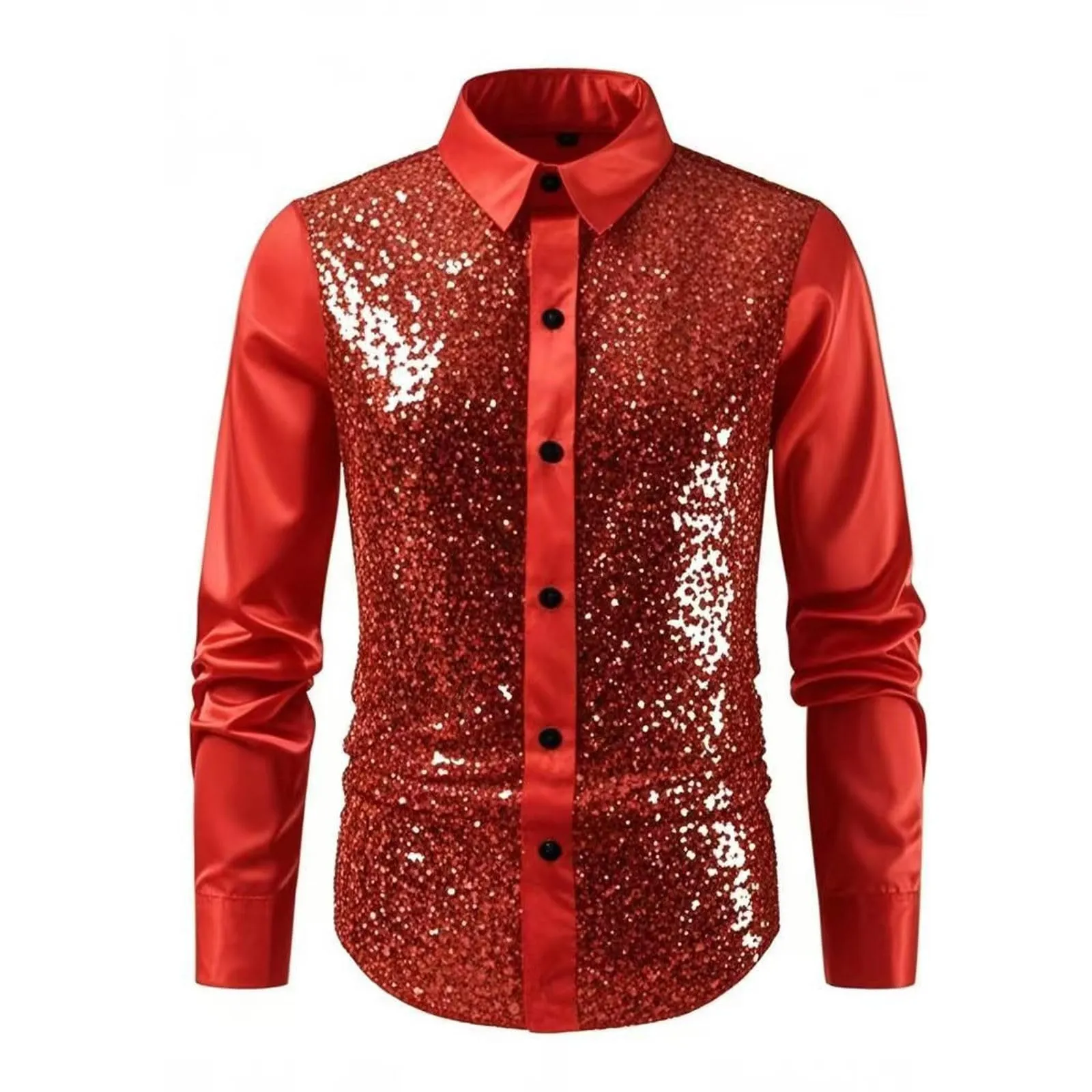 Munweiyu Costume da Carnevale da Uomo Camicia anni '70 con Paillettes Metallizzate, Rosso S1, XXL - immagine 5