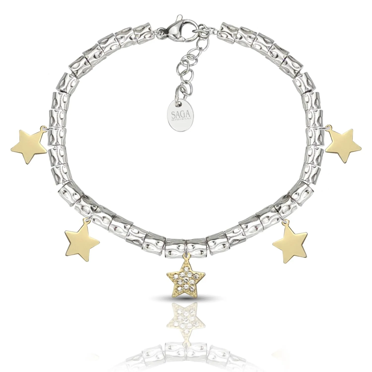SAGA GIOIELLI Bracciale Donna Granelli Pepite Martellate Acciaio Pendenti Stelle Dorate - immagine 1
