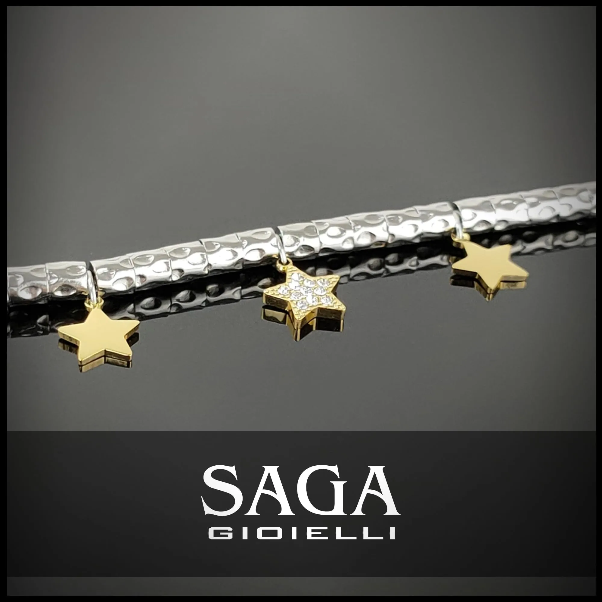 SAGA GIOIELLI Bracciale Donna Granelli Pepite Martellate Acciaio Pendenti Stelle Dorate - immagine 2