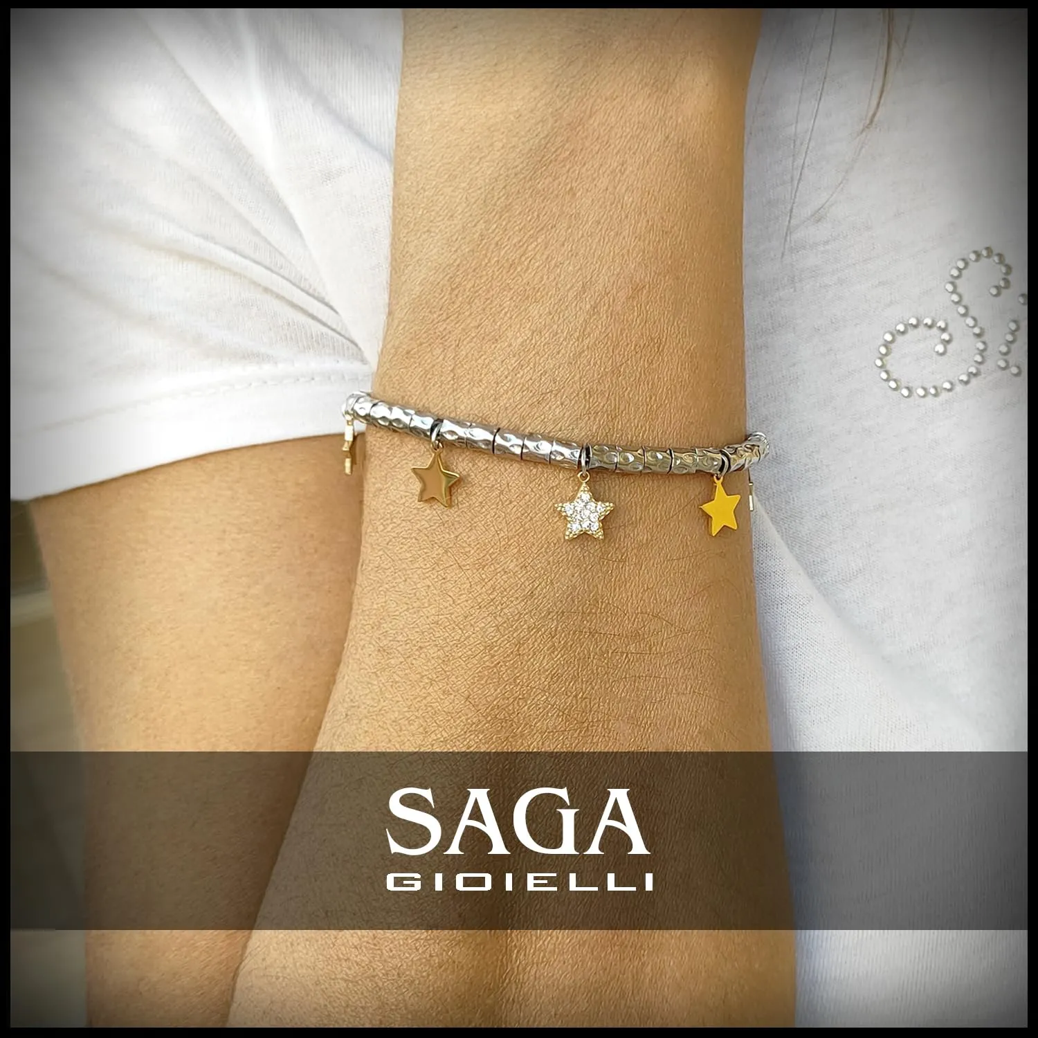 SAGA GIOIELLI Bracciale Donna Granelli Pepite Martellate Acciaio Pendenti Stelle Dorate - immagine 3