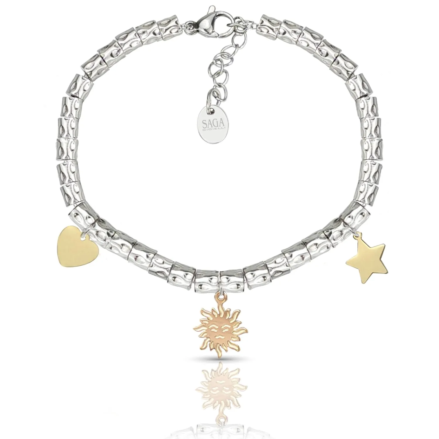 Saga Gioielli Bracciale Donna Granelli Pepite Martellate in Acciaio con Pendenti Cuore Sole Stella Dorati - immagine 1