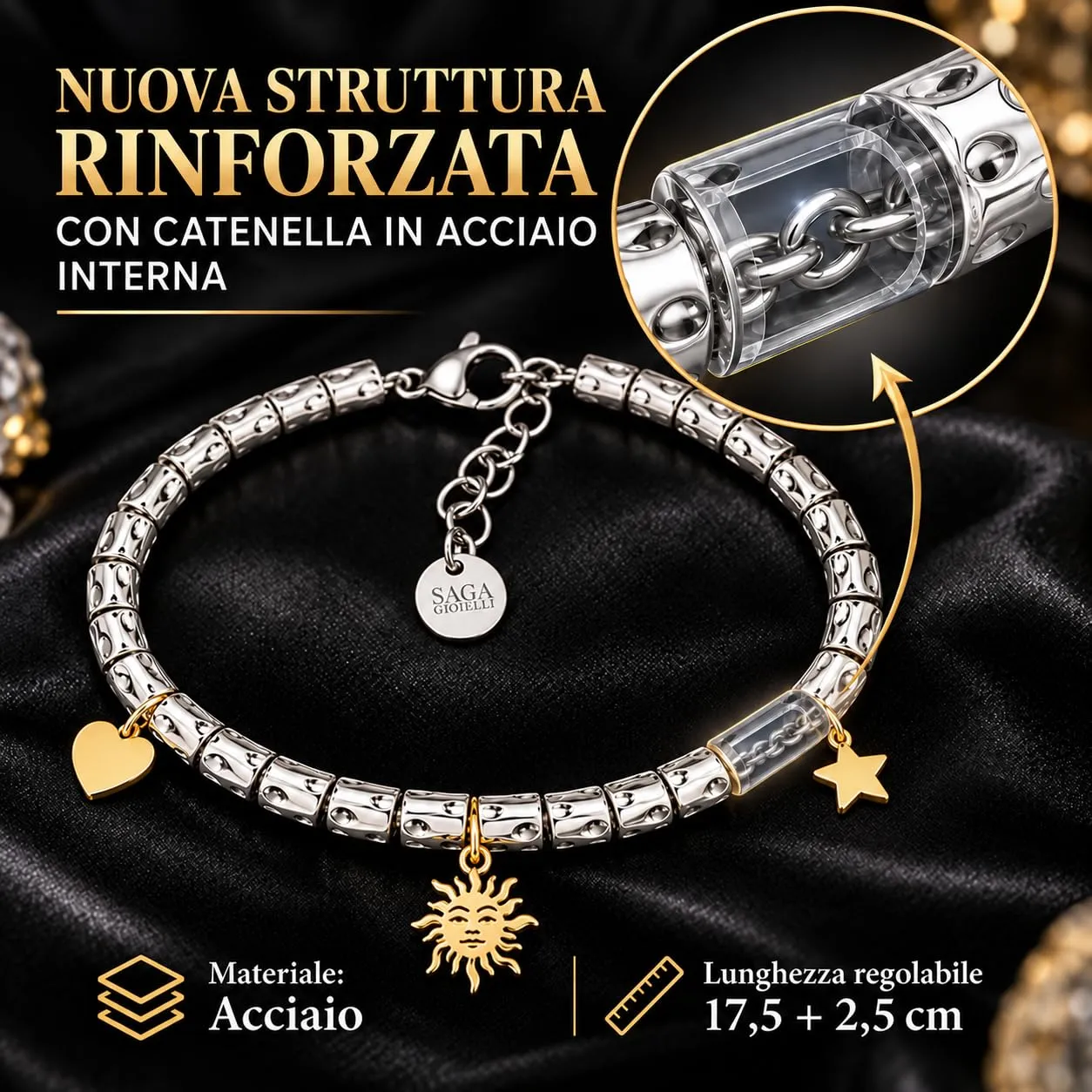 Saga Gioielli Bracciale Donna Granelli Pepite Martellate in Acciaio con Pendenti Cuore Sole Stella Dorati - immagine 3