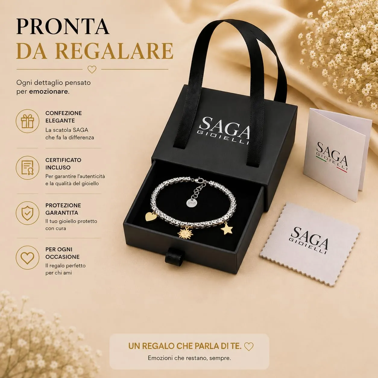 Saga Gioielli Bracciale Donna Granelli Pepite Martellate in Acciaio con Pendenti Cuore Sole Stella Dorati - immagine 6