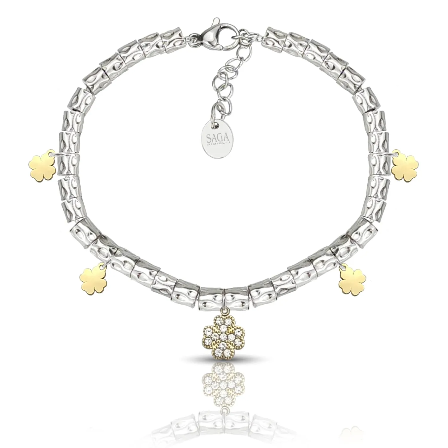 Saga Gioielli Bracciale Donna Granelli Pepite Martellate Acciaio Quadrifogli Dorati - immagine 1