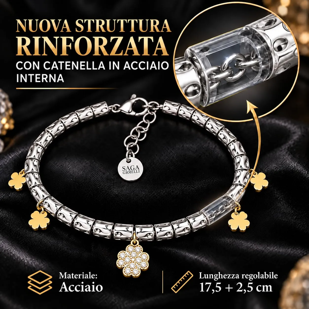 Saga Gioielli Bracciale Donna Granelli Pepite Martellate Acciaio Quadrifogli Dorati - immagine 3