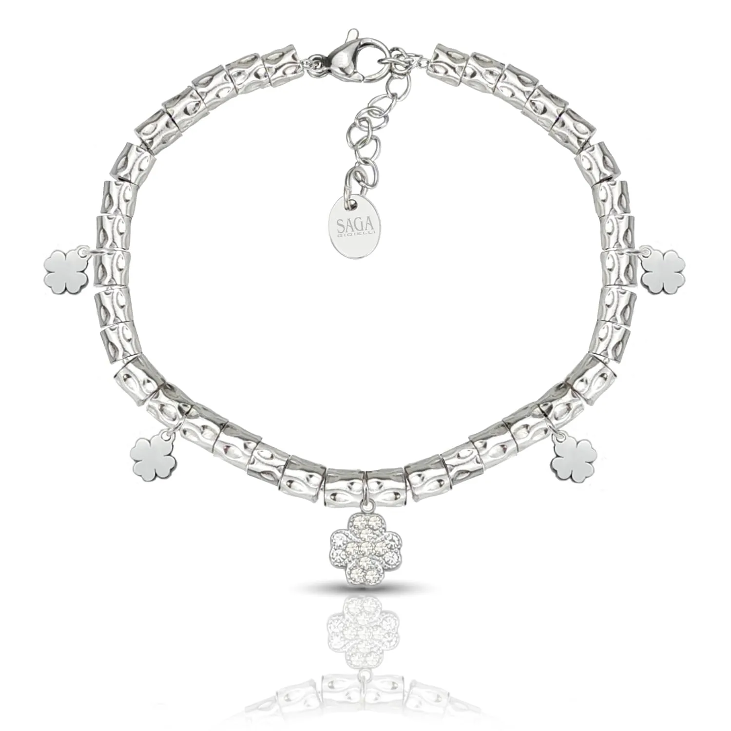 Saga Gioielli Bracciale Donna Granelli Pepite Martellate Acciaio Quadrifogli Argentati - immagine 1