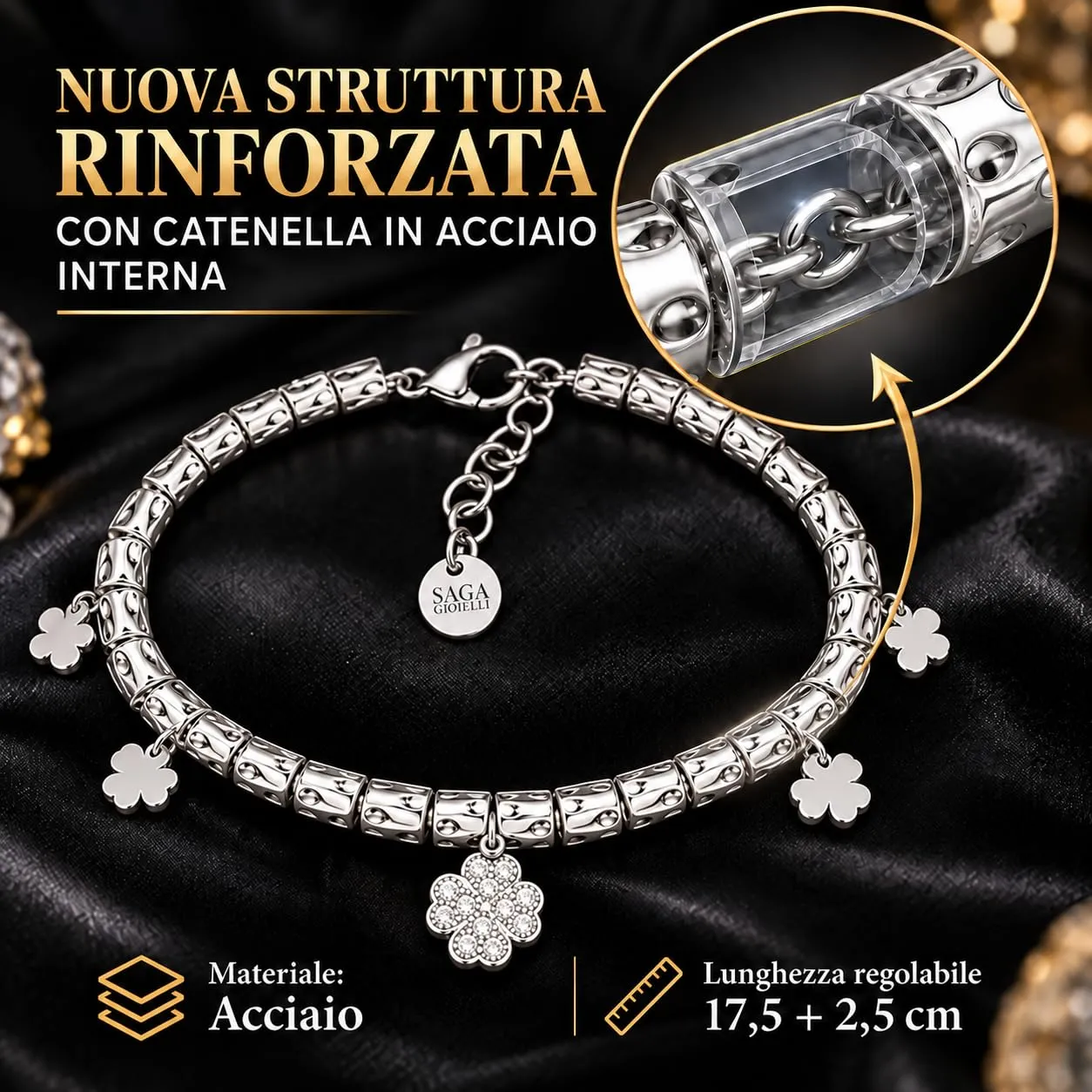 Saga Gioielli Bracciale Donna Granelli Pepite Martellate Acciaio Quadrifogli Argentati - immagine 3