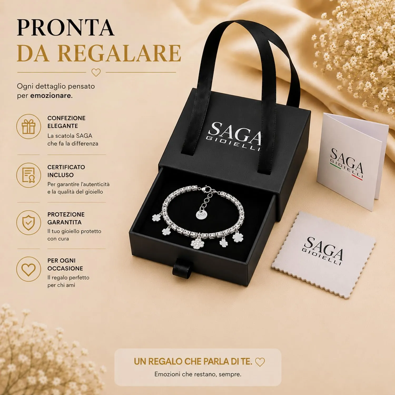 Saga Gioielli Bracciale Donna Granelli Pepite Martellate Acciaio Quadrifogli Argentati - immagine 6