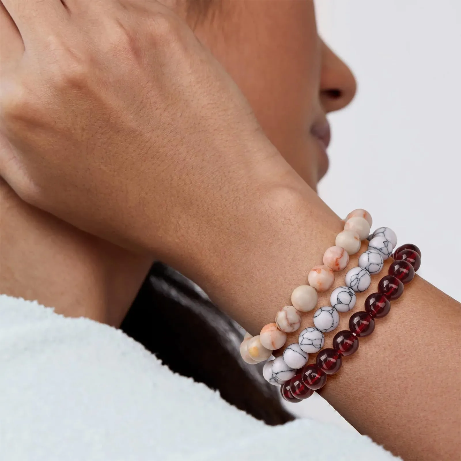 SAIBANGZI Set di 3 bracciali unisex in pietre naturali, perline da 8 mm, 19 cm - immagine 2