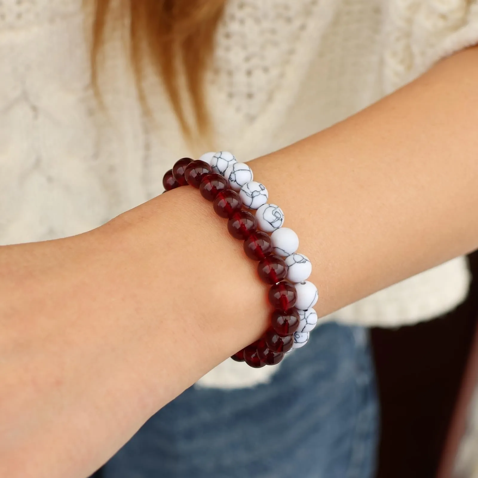 SAIBANGZI Set di 3 bracciali unisex in pietre naturali, perline da 8 mm, 19 cm - immagine 4