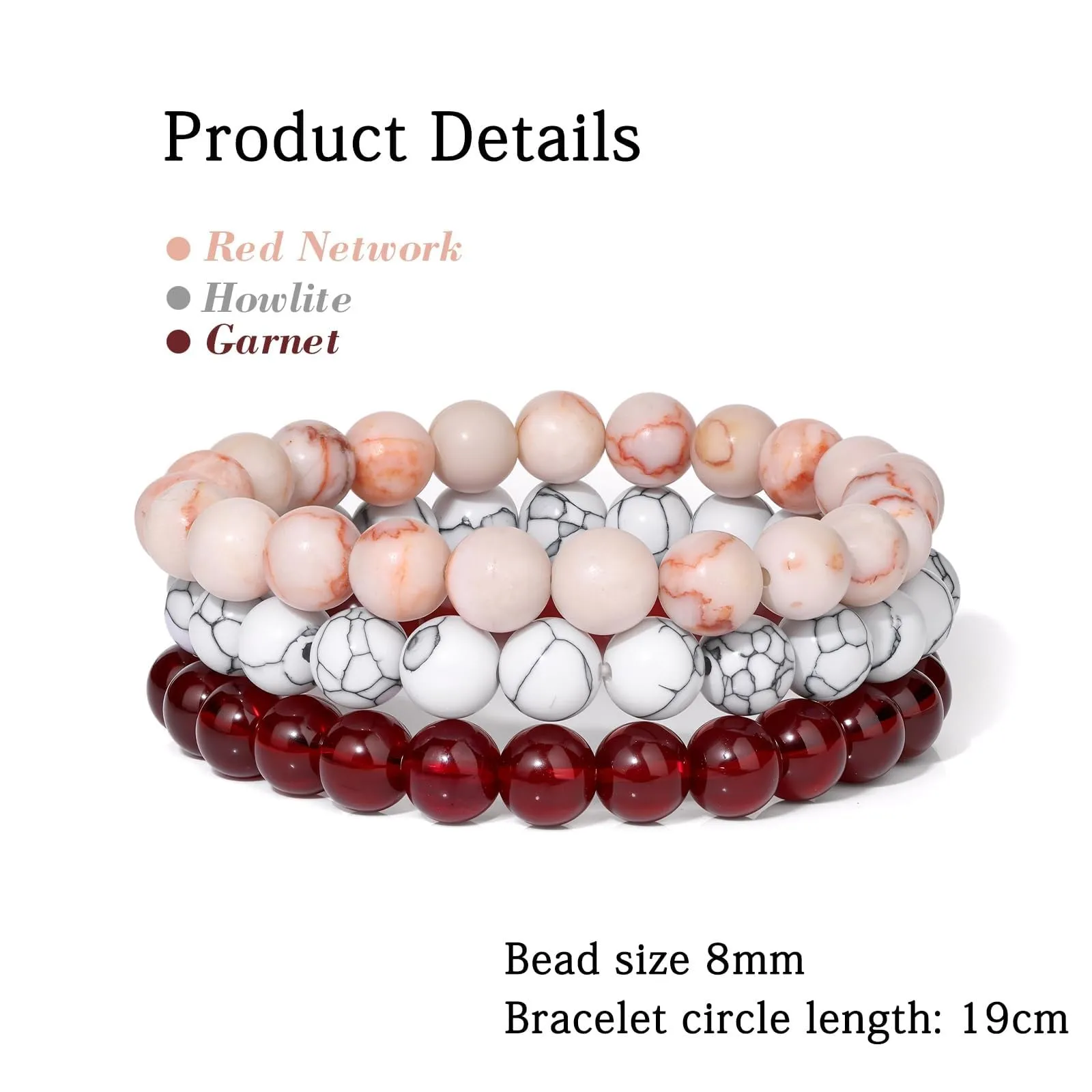 SAIBANGZI Set di 3 bracciali unisex in pietre naturali, perline da 8 mm, 19 cm - immagine 5
