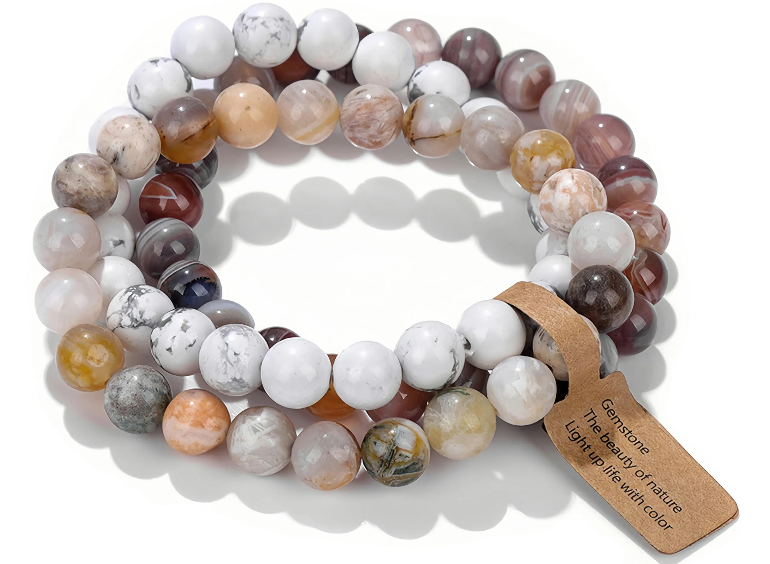 SAIBANGZI Bracciale in Pietre Naturali Agata Foglia di Bambù, Howlite Bianca e Agata del Botswana, Perline 8mm, Elastico 19cm - immagine 1