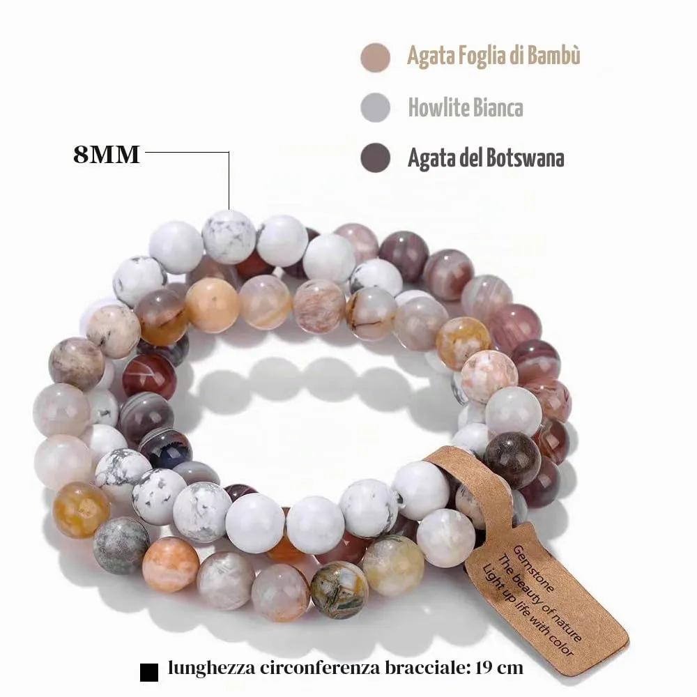 SAIBANGZI Bracciale in Pietre Naturali Agata Foglia di Bambù, Howlite Bianca e Agata del Botswana, Perline 8mm, Elastico 19cm - immagine 6