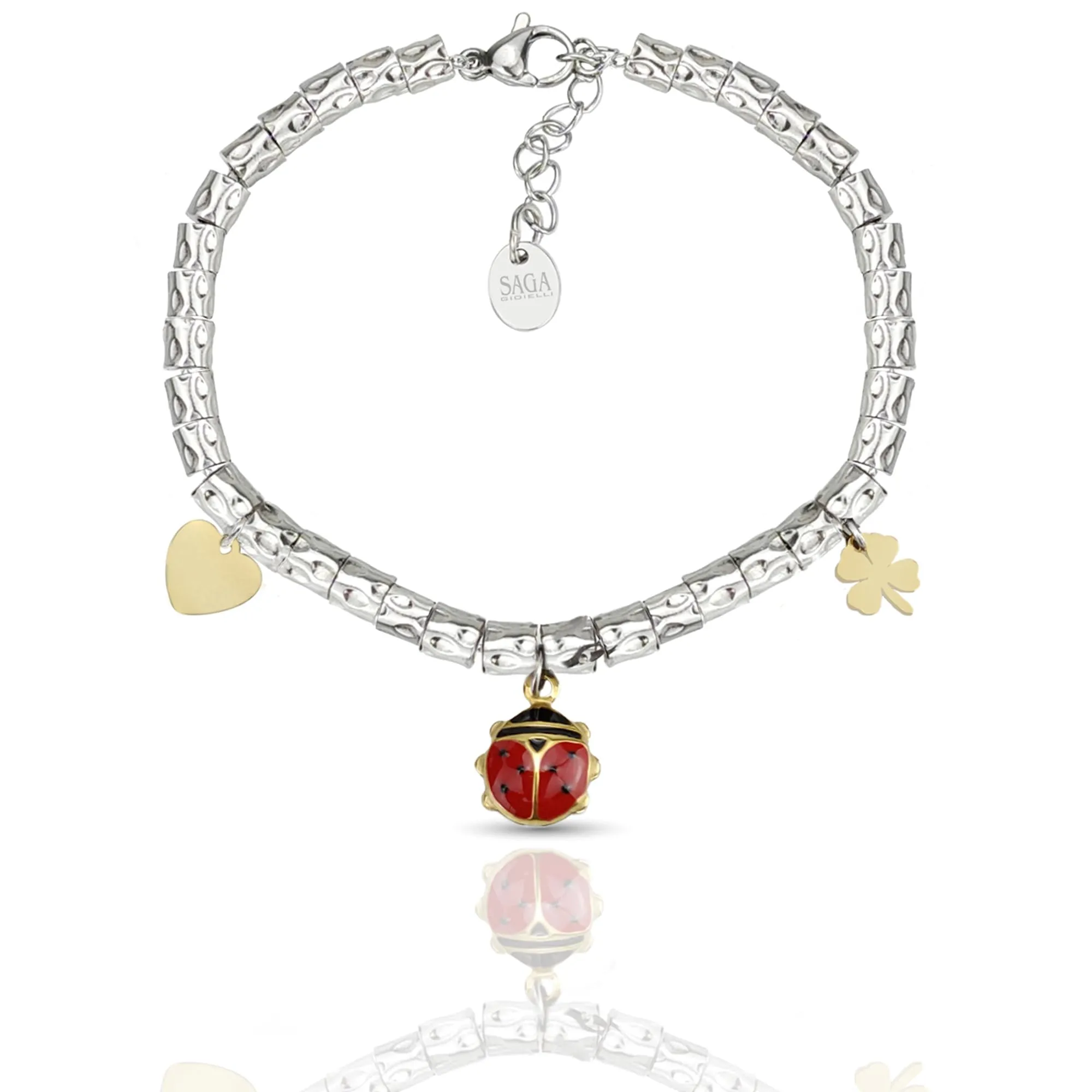 Saga Gioielli Bracciale Donna Granelli Pepite Martellate in Acciaio con Pendente Coccinella Dorata - immagine 1