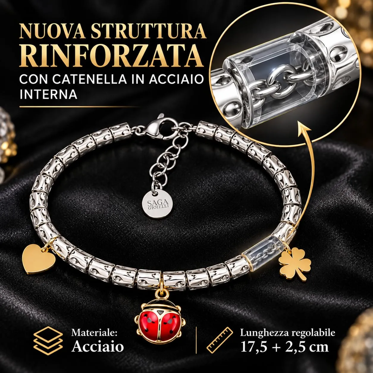 Saga Gioielli Bracciale Donna Granelli Pepite Martellate in Acciaio con Pendente Coccinella Dorata - immagine 3